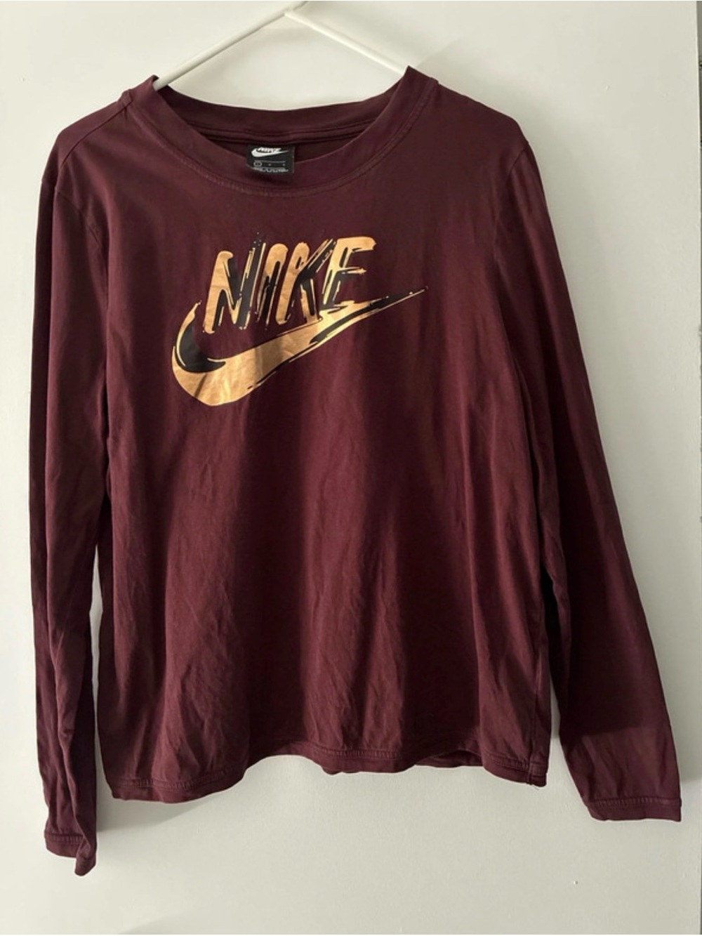 Nike Women's Long-Sleeve Maroon Tee with Gold Logo